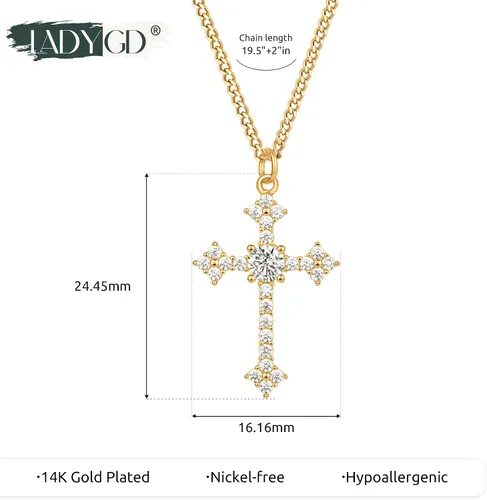 Vista 6 de Collar de cruz para mujer, chapado en oro de 14 quilates, circonita cúbica, collar con colgante de cruz hecho a mano, joyería cristiana para todos