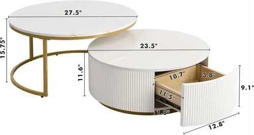 Vista 2 de Moderna mesa de centro redonda anidable acanalada con cajón en blanco y dorado en 27.6 pulgadas