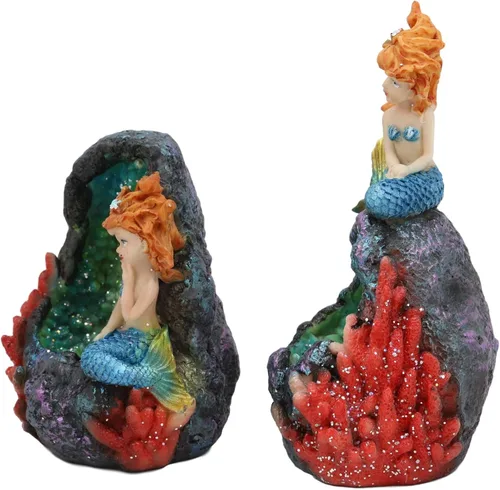 Vista 3 de Ebros - Juego de 2 sirenas de fantasía para decoración del hogar (cola azul), diseño de sirenas de cristal de geoda, diseño de corales bajo el mar