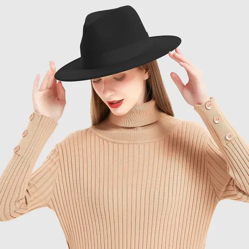Vista 6 de Fedora clásica de ala ancha para mujeres y hombres, sombrero de Panamá de fieltro ajustable con banda