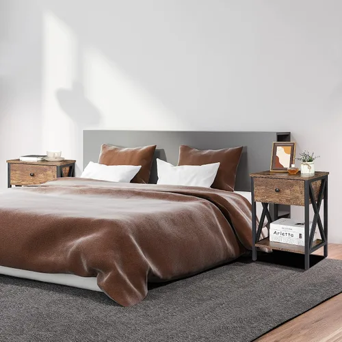 Vista 5 de ZenStyle Juego de 2 mesitas de noche, mesas auxiliares industriales con cajón y estante de almacenamiento, mesita de noche para sala de estar