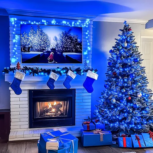Vista 4 de JMEXSUSS 150 luces LED azules de Navidad para interiores y exteriores, luces de cadena conectables de 59 pies con enchufe, 8 modos de luces de hadas