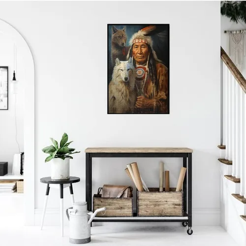 Vista 3 de Rompecabezas para adultos de 1000 piezas rompecabezas sentado lobo perro nativo americano indio tradicional formación de tienda de campaña de madera