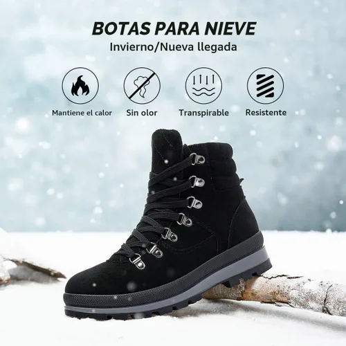 Vista 2 de FRACORA Botas de combate para mujer, con cordones, botas de nieve, botas de invierno con cremallera lateral, botines de moda Negro