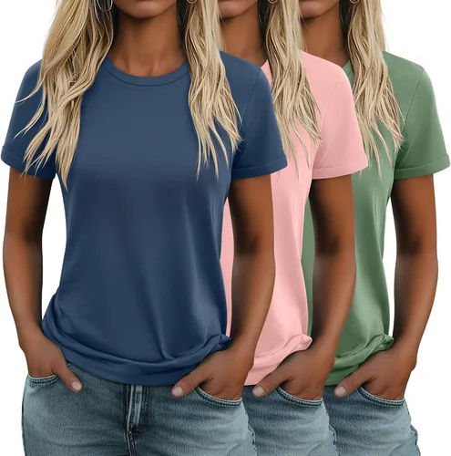 Vista 17 de Huukeay Paquete de 3 camisetas de algodón para mujer, estilo casual, de manga corta, cuello redondo, ajuste holgado, básica, lisa