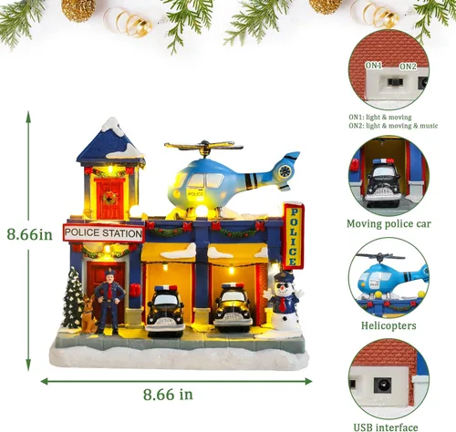 Vista 2 de WONDER GARDEN Casas de pueblo navideño, casas de Navidad, aldea - Estación de policía musical iluminada, edificios coleccionables con automóvil