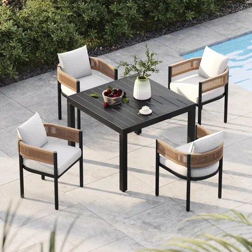 Vista 12 de Juego de comedor al aire libre Grand Patio de 5 piezas para 4, sillas de patio fijas de mimbre tejido metálico con cojines engrosados y 1 mesa