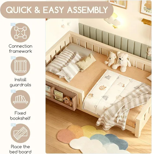 Vista 8 de Marco de cama Montessori Twin con estantería y barandillas, color beige