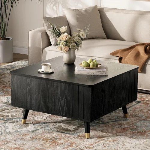 Vista 6 de Mesa de centro elevable con almacenamiento, mesa central negra de 32 pulgadas para sala de estar, mesa de comedor cuadrada con patas de madera maciza