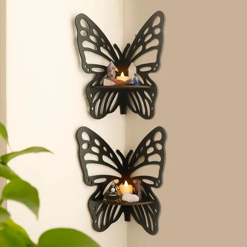 Vista 10 de Artilady Estante de cristal de mariposa – Estantes de esquina flotantes para pared, dormitorio, estante de exhibición de cristal, bohemio, lindo