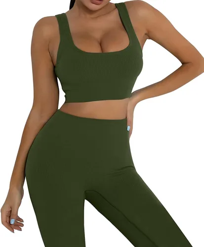 Vista 2 de Conjuntos de entrenamiento para mujer, 2 piezas, sin costuras, acanalados, sin mangas, pantalones cortos de cintura alta, trajes de yoga