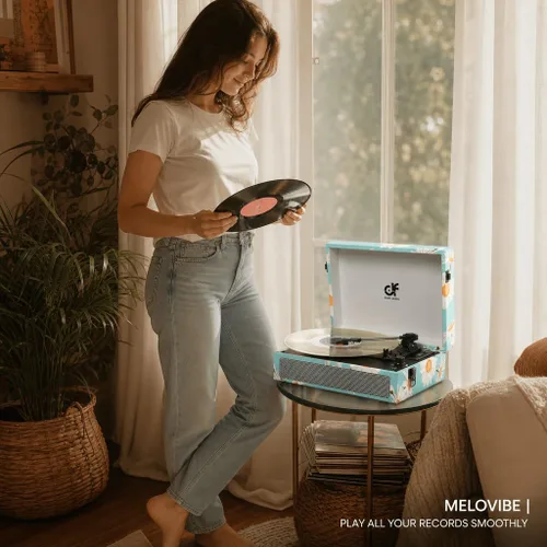 Vista 8 de Tocadiscos de vinilo Bluetooth con altavoces integrados, tocadiscos portátil vintage de 3 velocidades con auriculares de grabación USB/conector