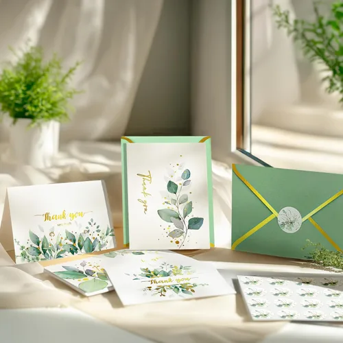 Vista 7 de Lujosas tarjetas de agradecimiento doradas con sobres, paquete de 32 tarjetas de eucalipto en blanco para todas las ocasiones, notas
