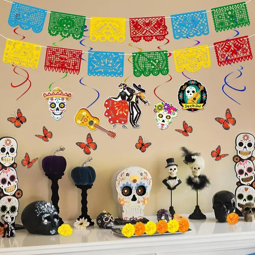 Vista 3 de Juego de 140 piezas de decoración del día de los muertos: decoración del día de los muertos, papel picado, caléndula, mariposa, espirales colgantes