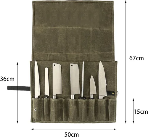Vista 4 de Bolsa enrollable para cuchillos de chef, 9 bolsillos, funda de lona para cuchillos, cartera para cuchillos, protectores para cuchillos de chef