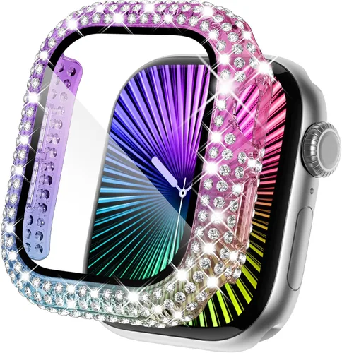 Vista 13 de KADES - Funda protectora completa compatible con iWatch, con protector de pantalla de vidrio templado incorporado, brillante y con diamantes de Negro