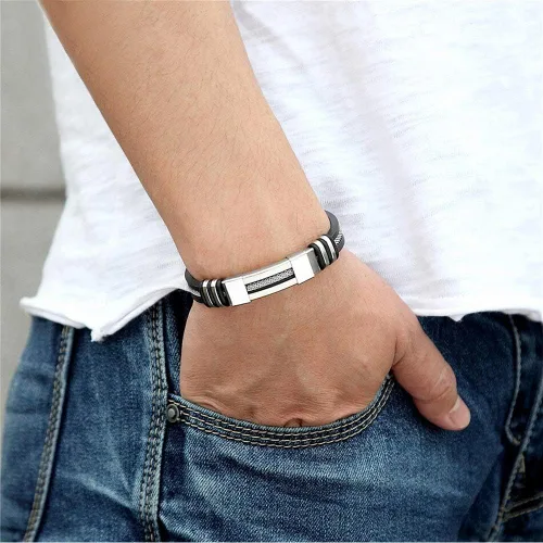 Vista 2 de Suyi Pulsera ajustable de silicona para hombre, pulsera de acero inoxidable