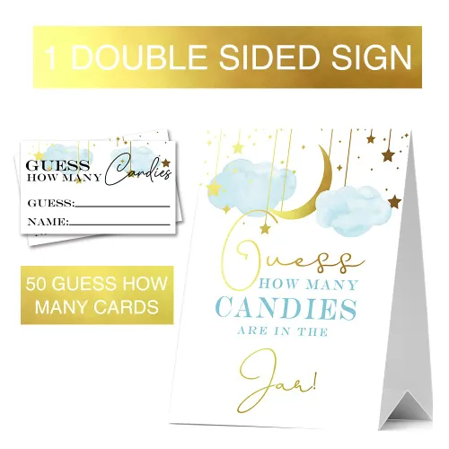 Vista 2 de Guess How Many Candies Baby Shower Games, paquete de 1 logotipo y 50 tarjetas, estrella y luna dorada, nube azul, letreros de baby shower, juego