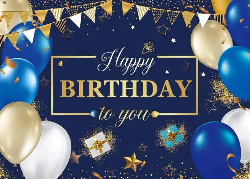 Vista 2 de Telón de fondo de feliz cumpleaños para hombres, azul marino, dorado, regalo de cumpleaños, bandera de estrella, globo, fondo de globo, para niños