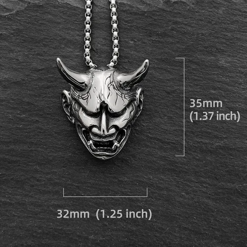 Vista 3 de Oni Mask Hannya Prajna - Collar de acero inoxidable con máscara de diablo japonés, collar de samurái de buena suerte