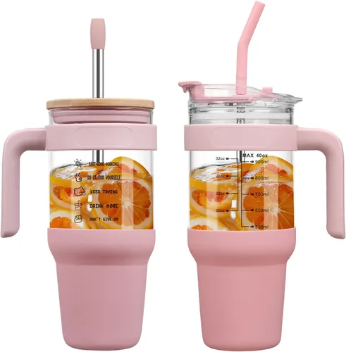 Vista 10 de Chunmo Vaso de vidrio de 40 onzas con 2 tapas, tapa de popote de bambú y tapa de popote 2 en 1, taza de café helado con asa, botella de agua de Ámbar