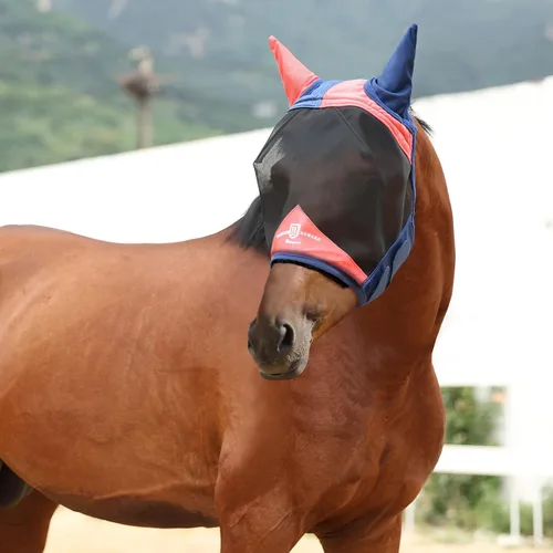 Vista 102 de Harrison Howard Máscara de mosca de caballo luminosa profesional estándar con orejas protección UV para caballo, azul y plateado, pequeño poni Azul