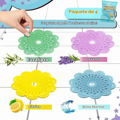 Vista 3 de Rinseroo - Paquete de 4 colectores de cabello perfumados para drenaje de ducha, cítricos, lavanda, eucalipto, brisa oceánica, trampa reutilizable