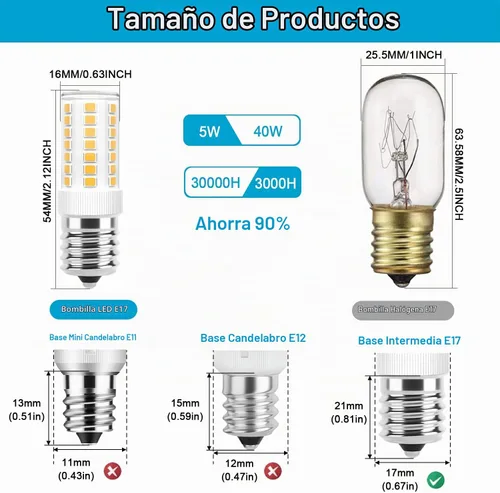 Vista 2 de Bombillas LED E17 regulables de 5 W para microondas sobre estufa, 125 V, 40 W, equivalente a incandescente, blanco cálido 3000 K, apto para Blanco