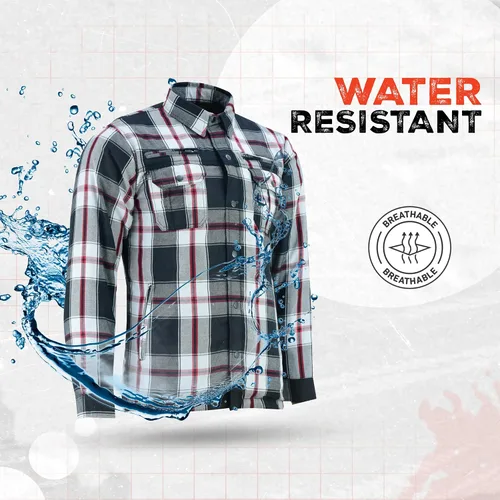 Vista 7 de Camisa de Motociclista para Hombre Daniel Smart Plaid Biker Chaqueta de Franela Desmontable Deportiva Blindada, Cierre con Cremallera y Resistente