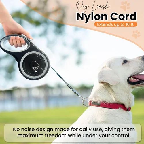 Vista 3 de Correa retráctil para perro, extensible hasta 16 pies, cinta de nailon resistente, sin enredos, freno y bloqueo con una sola mano, para perros