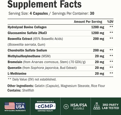 Vista 2 de Suplemento de condroitina de colágeno y sulfato de glucosamina con boswellia, MSM, bromelina, quercetina y metionina. Apoyo articular