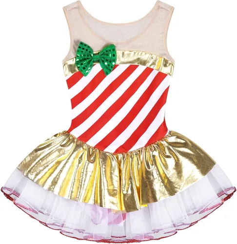Vista 4 de Vestido de baile tutú a rayas con lentejuelas para niños, vestido de patinaje artístico, fiesta de Navidad, disfraz de bastón de caramelo