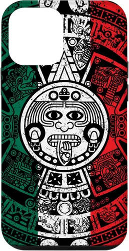 Vista 16 de Funda para iPhone 17 con calendario maya azteca con diseño de piedra solar envejecida de la bandera de México