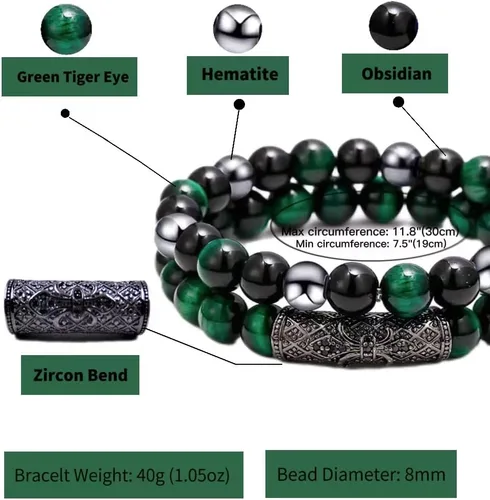 Vista 2 de 2 pulseras de triple protección, ojo de tigre natural, obsidiana negra y hematita, cuentas de 0.315 in para hombres y mujeres, regalo de pulsera