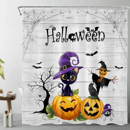 Vista 9 de LB Cortina de ducha espeluznante de murciélago de Halloween para baño, cortina de ducha de tela blanca y negra con ganchos, divertido juego
