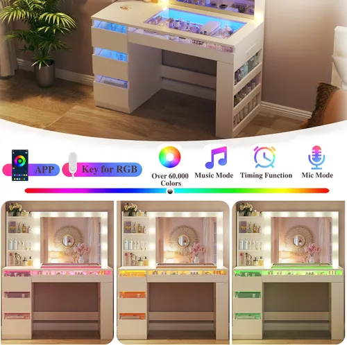 Vista 7 de Escritorio de tocador con espejo iluminado y parte superior transparente, escritorio de tocador de maquillaje con 4 cajones transparentes e