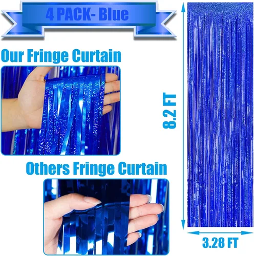 Vista 2 de Paquete de 4 cortinas de flecos de papel de oropel azul, 3.28 pies x 8.2 pies, serpentinas metálicas para cabina de fotos, bodas, despedidas