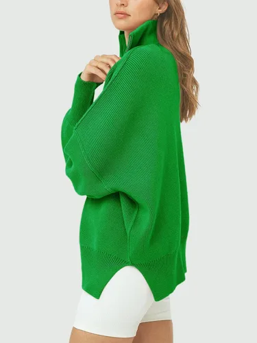 Vista 3 de ATHMILE Suéter de gran tamaño para mujer, manga larga, cuello con cremallera de un cuarto, hombros caídos, holgado, sin botones