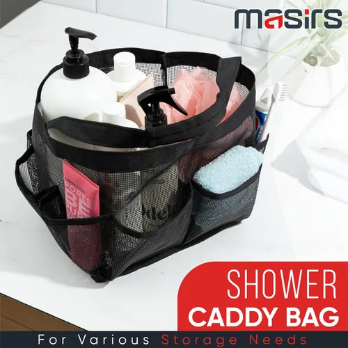 Vista 2 de Masirs – Organizador de ducha de malla con 9 bolsillos, bolsa portátil para baño para viajes, gimnasio y dormitorio - Bolsa de ducha pequeña
