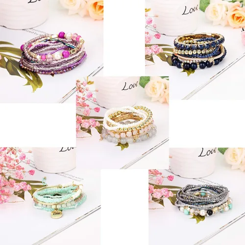 Vista 6 de LOYALLOOK Juego de 6 pulseras de cuentas apilables bohemias para mujer pulseras elásticas estilo bohemio elásticas de varias capas