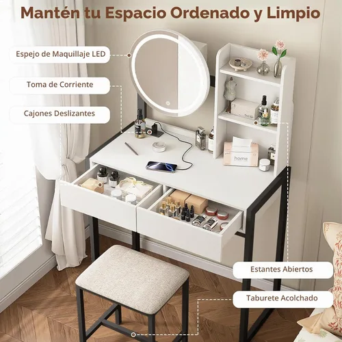 Vista 3 de Mesa de tocador pequeña con espejo y luces, mesa de tocador de maquillaje con espejo LED, 3 modos de iluminación, toma de corriente, cajón, estantes