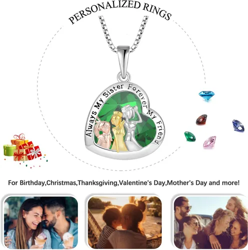 Vista 5 de Collar de 3 hermanas de plata de ley 925, collar con piedra natal de corazón de amor Always My Sister Forever Gifts My Friend for Sister Jewelry