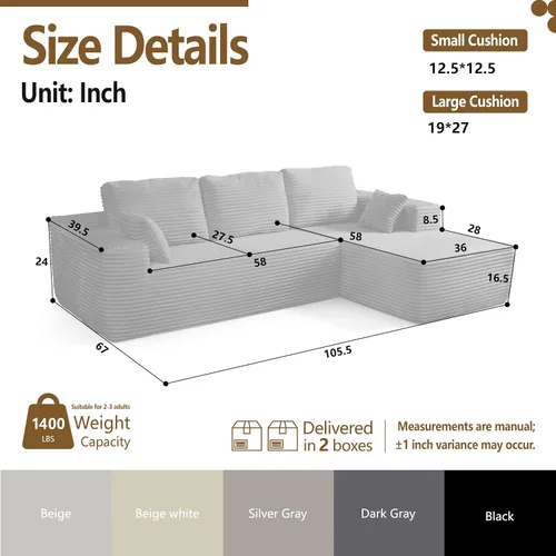 Vista 2 de Sofá modular sin hueso de 105 pulgadas, sofá modular en forma de L, sin marco, modular en forma de L, sin montaje, para sala de estar/dormitorio