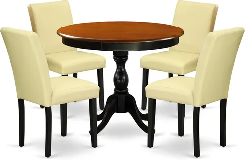 Vista 15 de East West Furniture AMAB3-BCH-61 - Juego moderno de 3 piezas antiguo que contiene una mesa de cocina redonda con pedestal y 2 sillas de comedor
