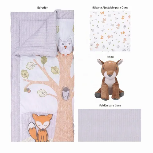 Vista 5 de Sammy & Lou Friendly Forest - Juego de ropa de cama para cuna de bebé de 4 piezas, incluye edredón, sábanas bajeras para cuna neutrales, falda