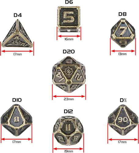 Vista 2 de ENHANCE DND - Juego de dados de metal, 7 dados poliédricos con estuche de almacenamiento y bolsa con cordón, juego de metal sólido para Calabozos