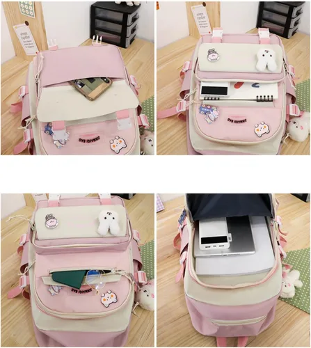 Vista 7 de Juego de 5 mochilas kawaii con colgante de oso y alfileres - Kit de mochila de conejito de anime japonés con diseño de retazos, Negro -, Mochila