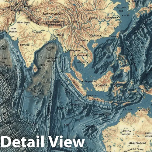 Vista 3 de Suelos oceánicos mundiales y alivio de la tierra 1976 - Impresión de mapas topográficos históricos - 24 x 16 pulgadas