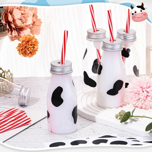 Vista 7 de SiliFine Juego de 24 botellas de leche de plástico de 7 onzas con pajitas, tapas de metal plateado, calcomanías de leche con estampado de vaca