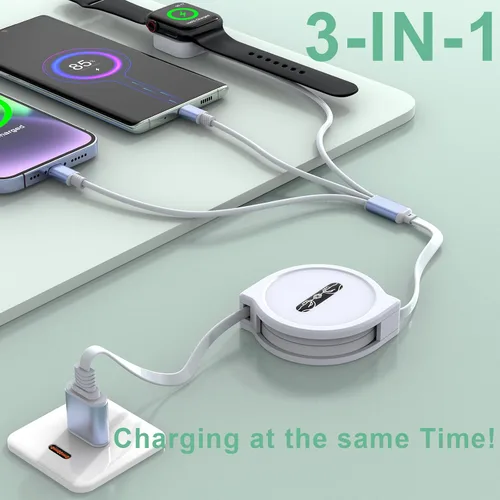 Vista 2 de Cable de carga universal retráctil 3 en 1 para teléfonos + cable de carga para Apple Watch, USB A a Lightning+tipo C+cargador iWatch para iWatch